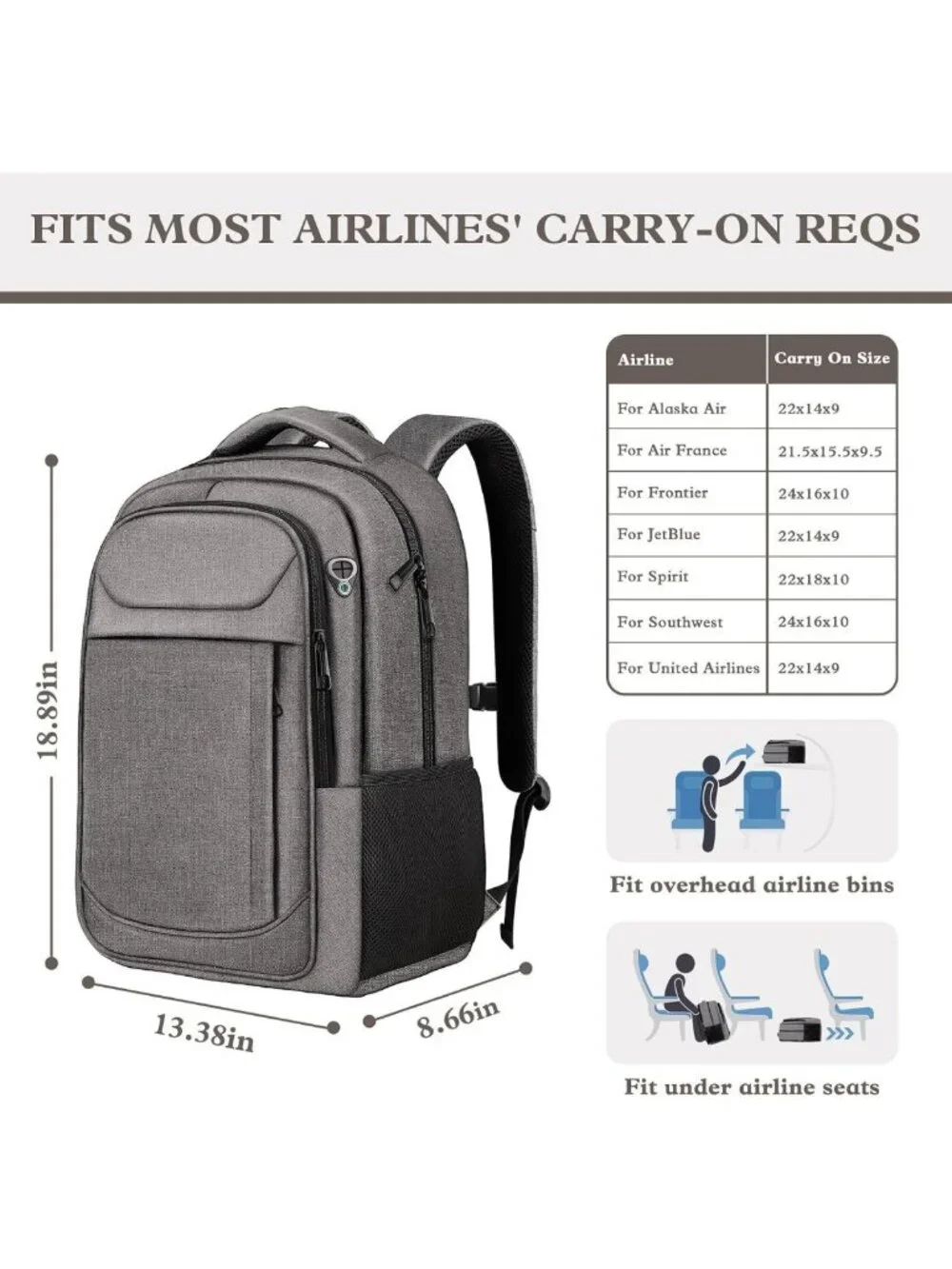 Water Resistant Travel Backpack, Slim Laptop Daypack for College & Work, Grey